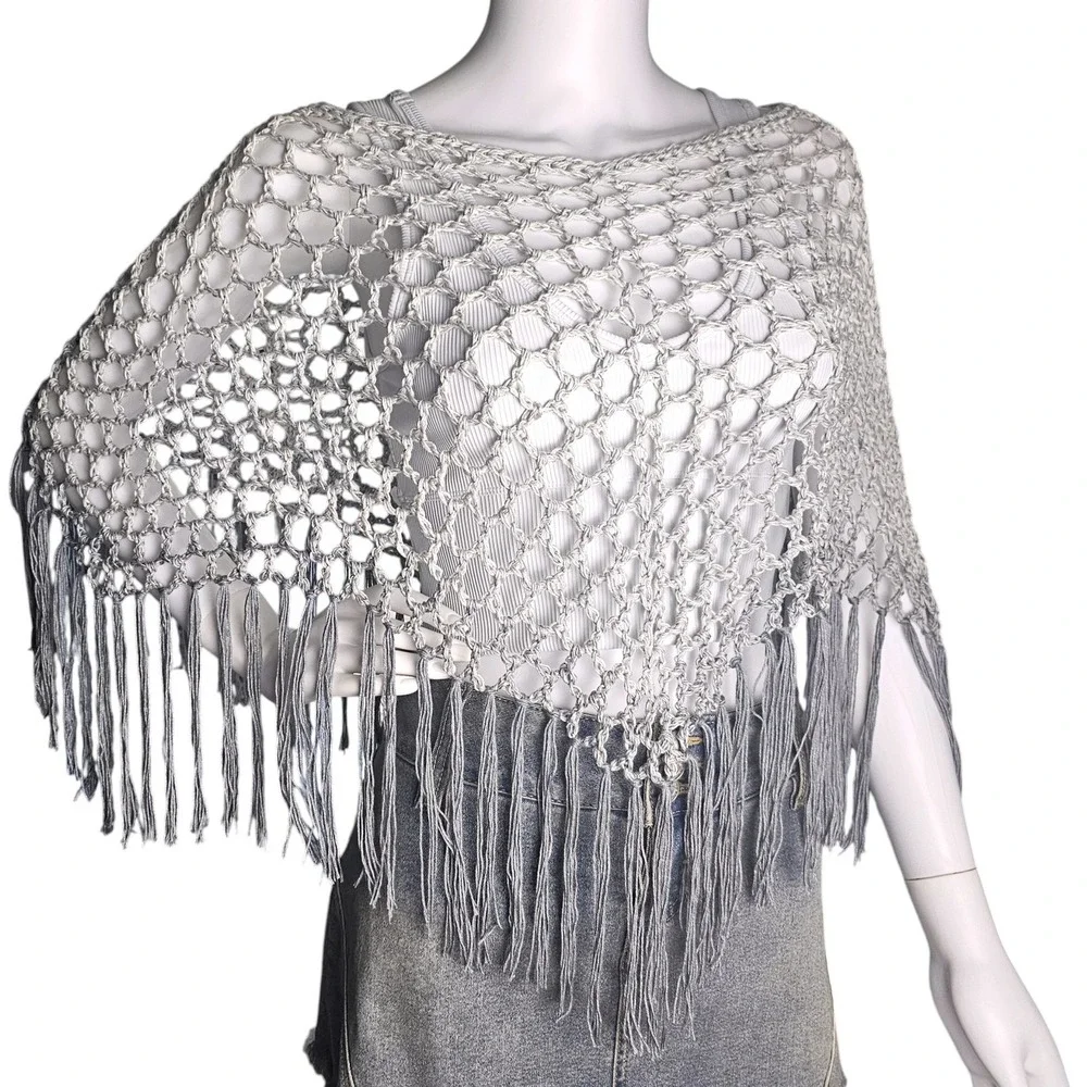 Handmade Crochet Shawl Women Gray Ombre Fringe Cotton Boho Poncho - Picture 6 of 10